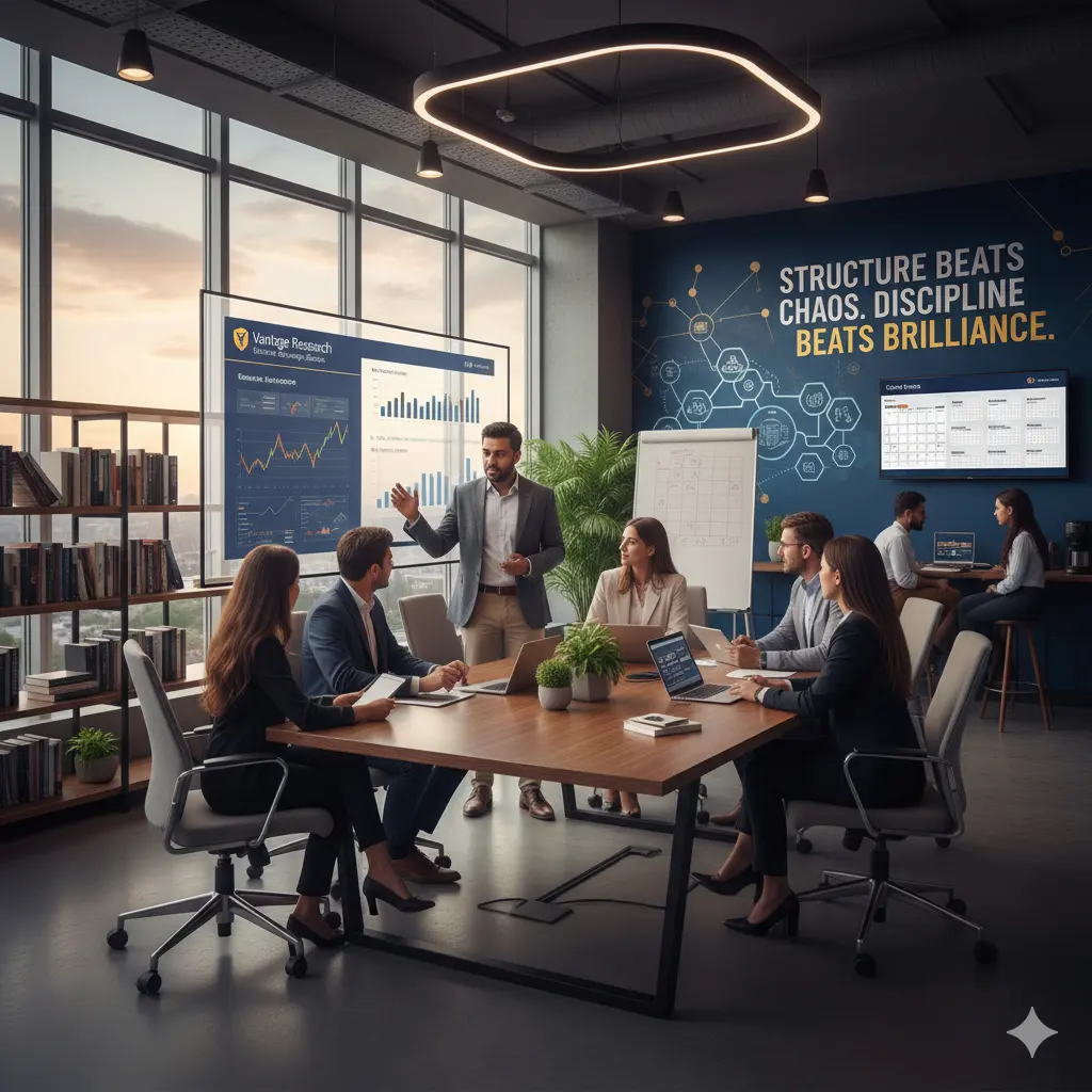 A modern office interior at Vantage Research, with a team of professionals discussing financial data on large screens and a motto 'Structure beats chaos, discipline beats brilliance' on the wall.