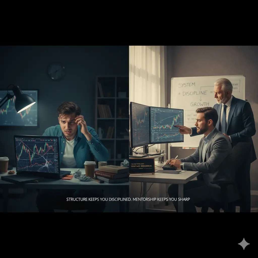 An image split down the middle comparing two different trading environments.